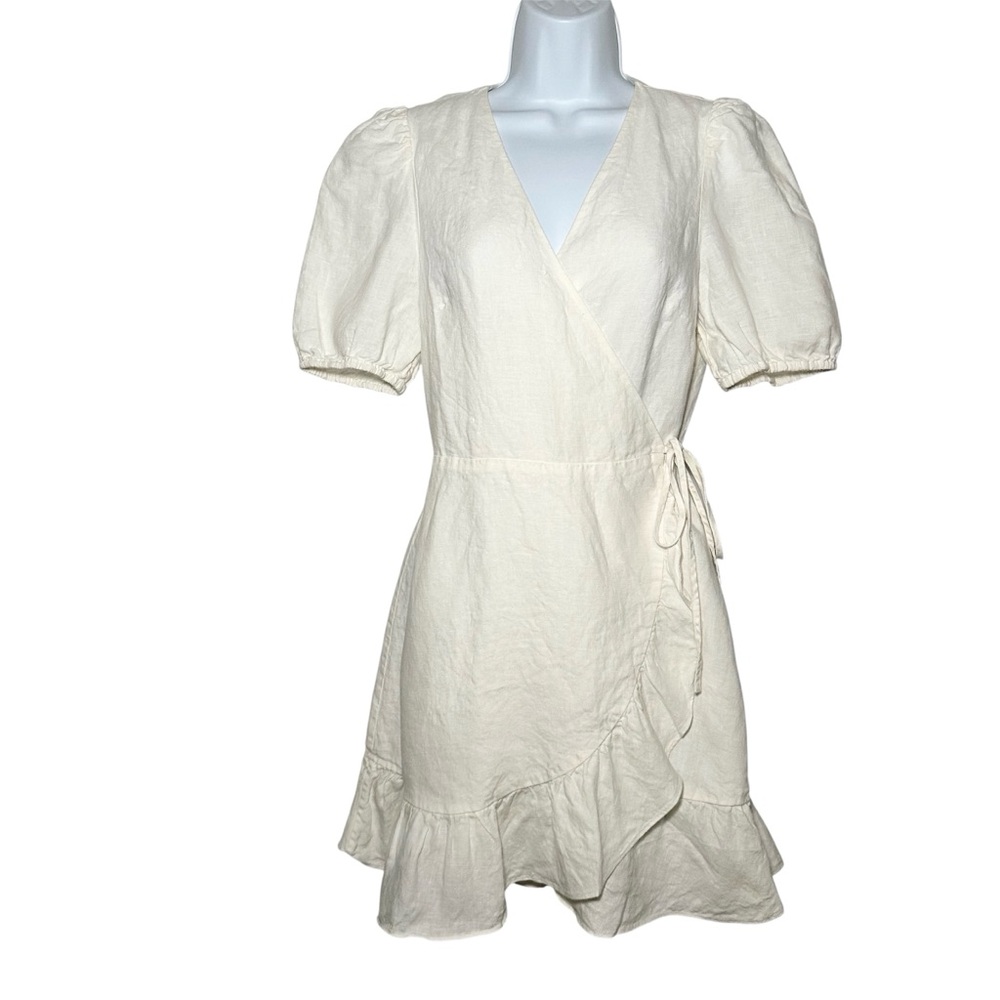 & Other Stories Women’s Ivory Puff Sleeve 100% Linen Wrap Mini Dress- Size 6